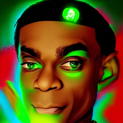 Image similar to soulja boy with glowing green magic, realistic