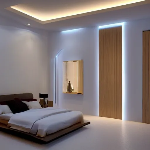 Image similar to luxurious bedroom at night, highly detailed, light coming from door, futuristic