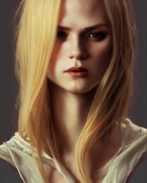 Image similar to portrait of a beautiful young blonde vampire, dark, piercing eyes, gentle expression, elegant clothing, photorealistic, highly detailed, artstation, smooth, sharp focus, art by michael whelan, artgerm, greg rutkowski and alphonse mucha