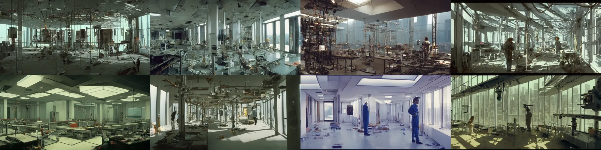 Prompt: screenshot of a scene at a private research center where a chappie is being built, 1990s psychological thriller by Stanely Kubrick film, color, anamorphic lenses, detailed, sunlit windows, moody cinematography