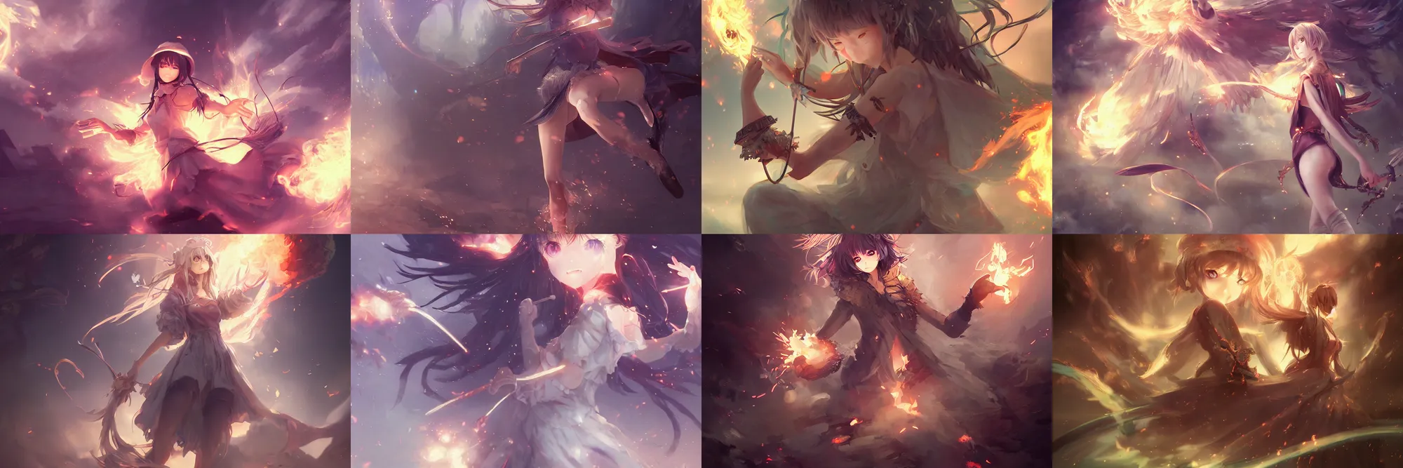 Prompt: Digital anime art by WLOP and Mobius, Village at noon, A cute sorceress fights with magic, wide legged stance, determined expression, burning corpses of demons, highly detailed, intriguing lighting