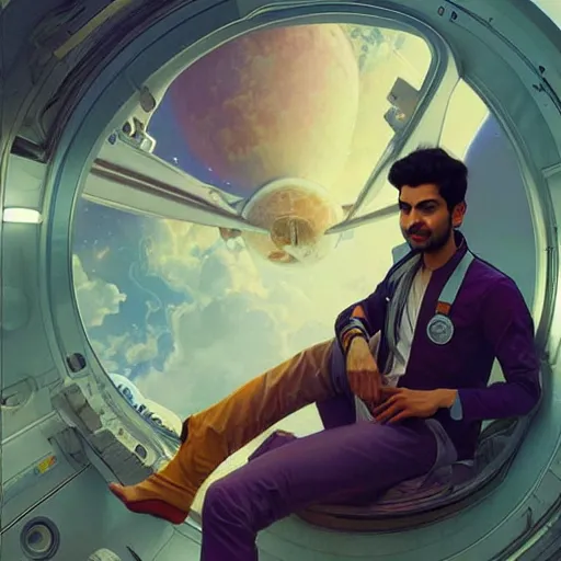 Image similar to Sensuous good looking pale young Indian doctors wearing jeans in a space station above Earth, portrait, elegant, intricate, digital painting, artstation, concept art, smooth, sharp focus, illustration, art by artgerm and greg rutkowski and alphonse mucha