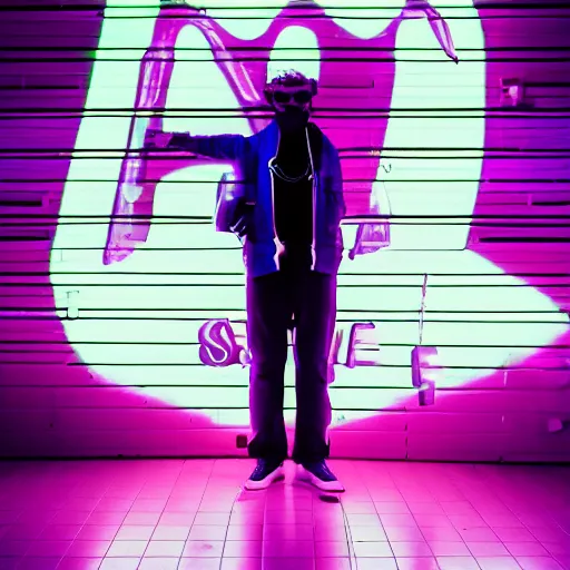 Image similar to stylish goat in a white jacket, retrowave, neon light,