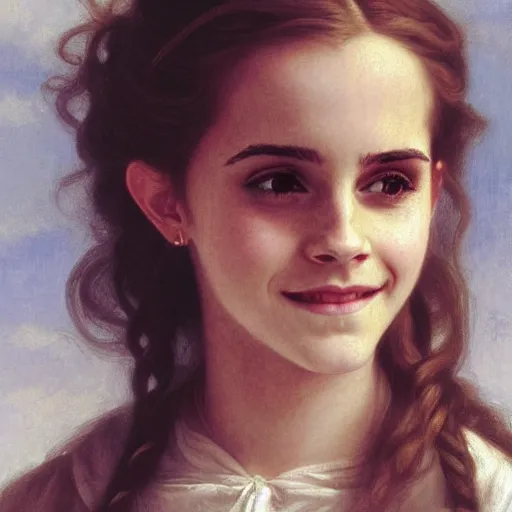 Image similar to Painting of Emma Watson as Hermione Granger. Smiling. Happy. Cheerful. Art by william adolphe bouguereau. Extremely detailed. Beautiful. 4K. Award winning.