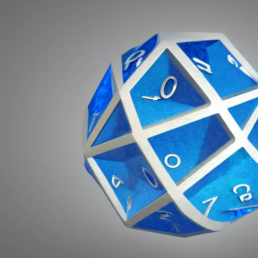 Prompt: a twenty sided die exploding to pieces from bottom up, simple shape, transparent debris, blue, concept art, clean, ancient, medieval, fantasy, ultra realistic, art, perfect straight lines, extremely detailed, unreal engine render