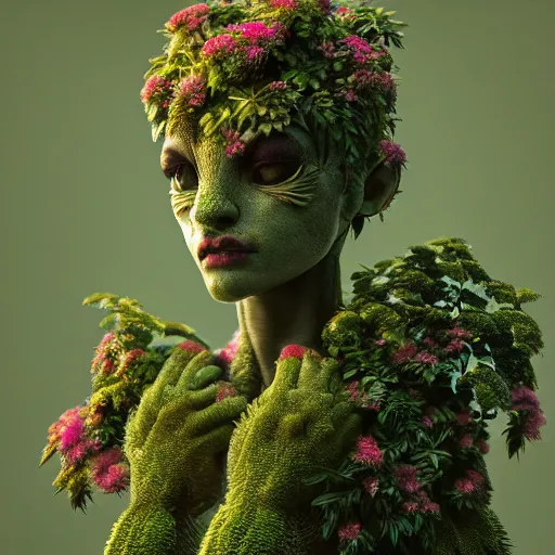 Image similar to a plant creature, foliage, plant filaments, flowers, humanoid shape, full body, photorealistic, 4 k, octane render, cinematic lighting, artistic photography, insanely detailed and intricate