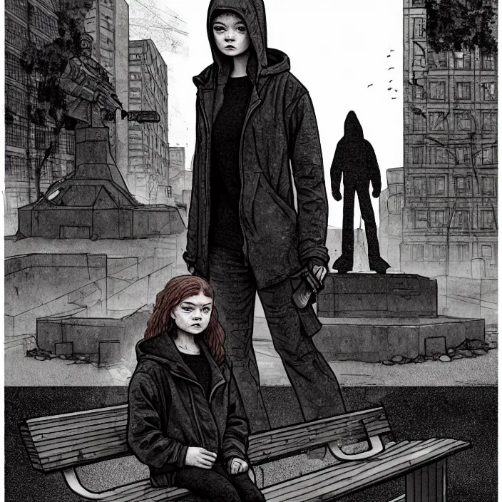 Image similar to storyboard : sadie sink in hoodie sits on bench in ruined square, pedestrians walk by, soviet monument and propaganda posters. scifi cyberpunk. by gabriel hardman. cinematic atmosphere, detailed and intricate, perfect anatomy