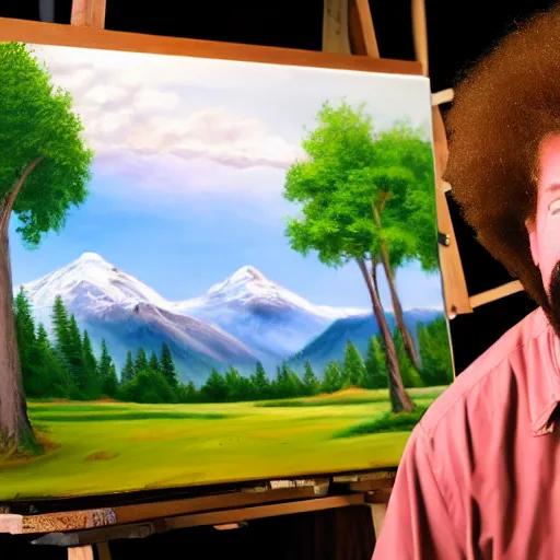Prompt: a closeup photorealistic photograph of bob ross completing a canvas painting of kenny powers. mountains and trees. film still. brightly lit scene. this 4 k hd image is trending on artstation, featured on behance, well - rendered, extra crisp, features intricate detail, epic composition and the style of unreal engine.