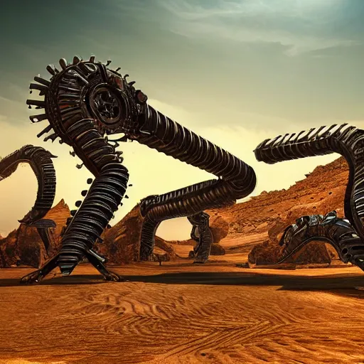 Image similar to giant robotic steampunk centipede in a desert, extremely detailed, hdr, unreal engine, robotic, retro, beautiful, sunny, intense, cinematic lighting,