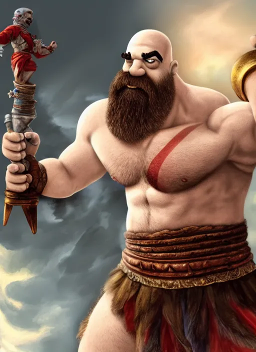 Image similar to painted white Homer Simpson depicted as Kratos God of War, high detailed official artwork