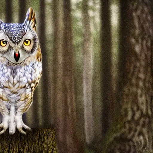 Image similar to mixture between an! owl and wolf, photograph captured in a dark forest