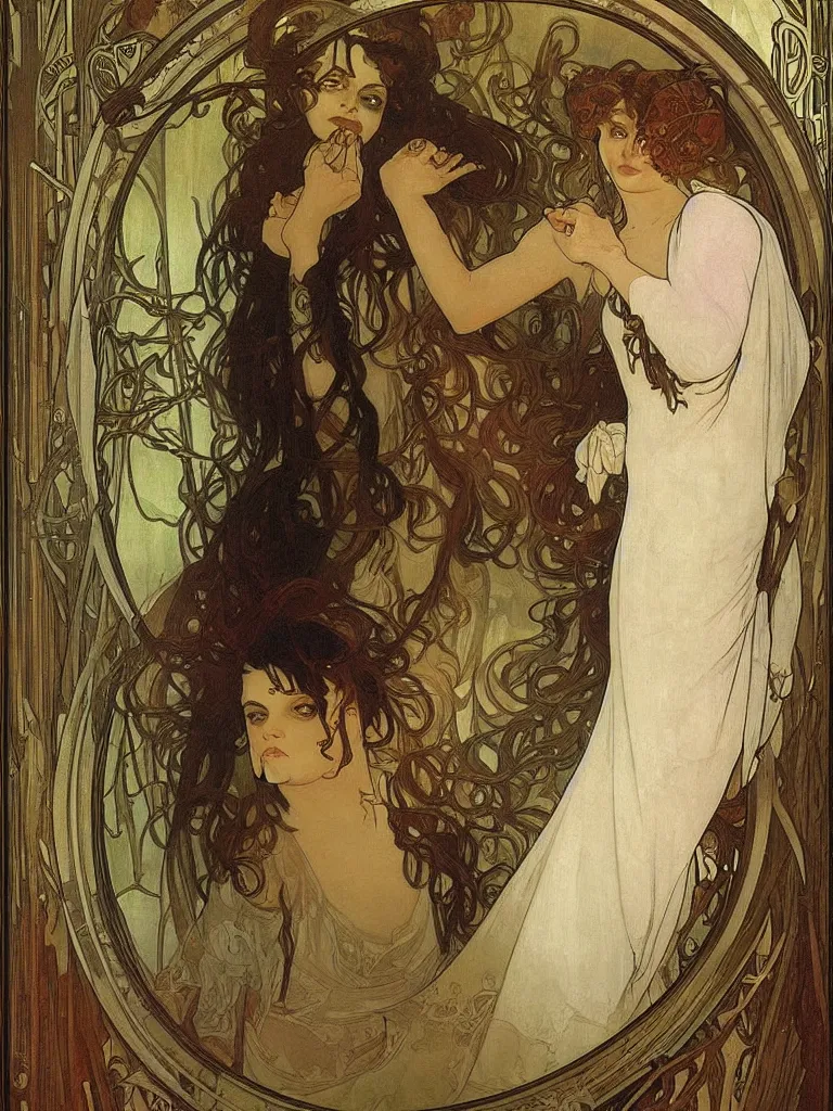 Image similar to realistic detailed portrait of a gothic bride in the mirror, god ray behind,, scary style, by alphonse mucha