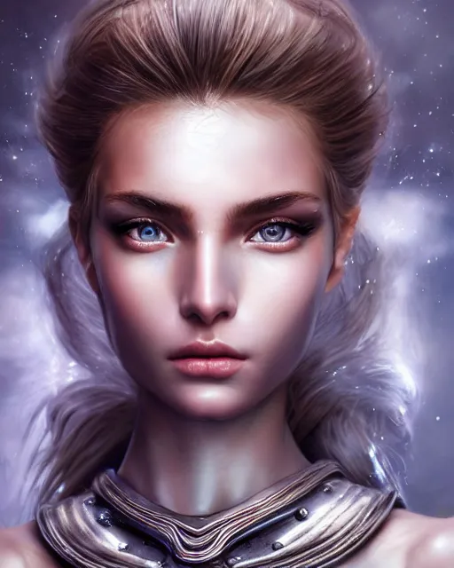 Prompt: a beautiful warrior woman, photo, ultra detail, photoreal, professionally retouched, soft moonlight lighting, shiny plastic armor, realistic, smooth face, goddess, luscious lips, perfect eyes, wide angle, sharp focus on eyes, 8 k high definition, insanely detailed, intricate, elegant, art by artgerm and wlop