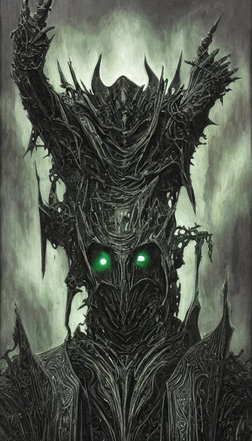 Prompt: Lord of the Rings themed painting of symmetrical torso black and emerald Ringwraith Nazgul armor with extended evil armored hands concept, intricate artwork by H.R. Giger, Johnatan Wayshak, Zdizslaw Beksinski, Ayami Kojima, Amano, Karol Bak, Moebius, and Mark Brooks, Neo-Gothic, gothic, rich deep colors, art by Takato Yamamoto, masterpiece, face by Artgerm, very coherent artwork, cinematic, hyper realism, high detail, octane render, unreal engine, 8k, High contrast, golden ratio, trending on cgsociety