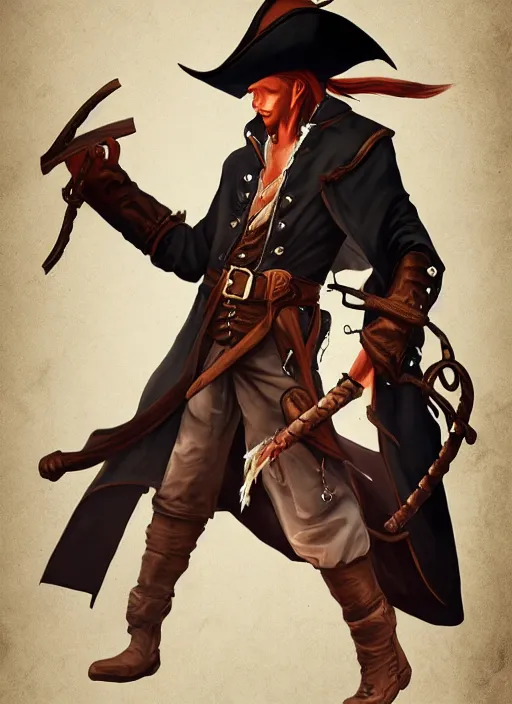 Prompt: pirate tiefling in a trenchcoat, two flint - lock pistols, digital art, cinematic, dramatic, artstation, highly detailed