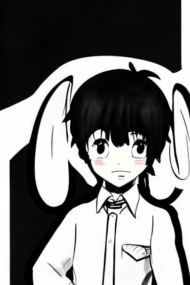 Image similar to attractive little boy wearing an bunny suit, black and white artwork in manga style, made by makoto shinkai