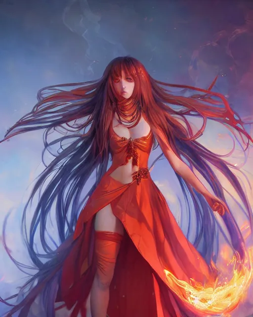 Image similar to beautiful long haired anime girl, fire dress, full body photo, flames everywhere, highly detailed, digital painting, artstation, concept art, smooth, sharp focus, illustration, art by artgerm and greg rutkowski and alphonse mucha