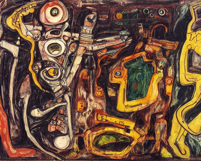 Image similar to a painting of a aliens and robots by graham sutherland, egon schiele, expressionism