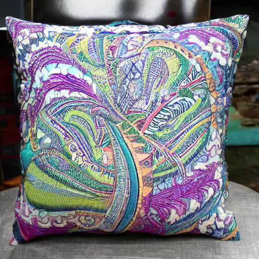 Prompt: the most amazing pillow every made, product shot, intricate, fine detail, full maximalist print