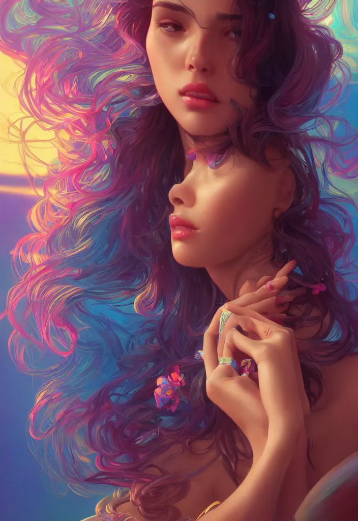 Image similar to beautiful, young woman, detailed gorgeous face, vaporwave aesthetic, synthwave, colorful, psychedelic, artstation, concept art, smooth, extremely sharp detail, finely tuned detail, ultra high definition, 8 k, unreal engine 5, ultra sharp focus, illustration, art by artgerm, greg rutkowski and alphonse mucha