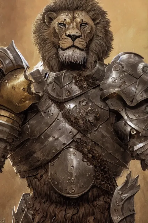 Image similar to ultra realistic illustration,, a hulking knight with a lion cowl, bristling with weapons from doom and warhammer, intricate, elegant, highly detailed, digital painting, artstation, concept art, smooth, sharp focus, illustration, art by artgerm and greg rutkowski and alphonse mucha