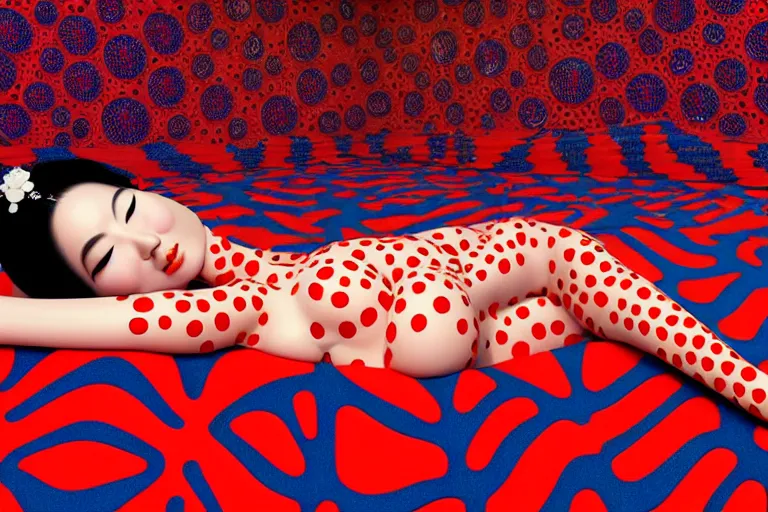 Prompt: realistic detailed image of a geisha laying down in a padded room, conjuring psychedelic background, part by yayoi kusama, part by ross tran, part by james jean, ultra realistic, highly detailed, life like face, detailed body, 8 k, octane render, trending on artstation, very cohesive, masterpiece