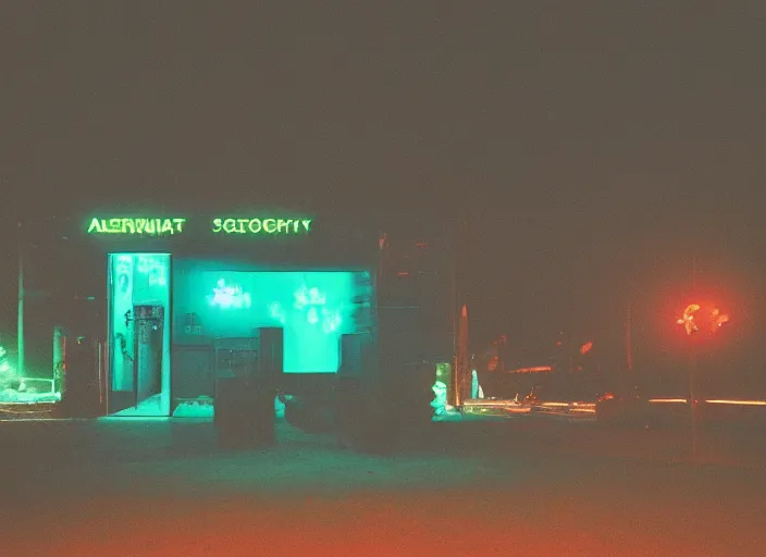 Image similar to “alien wildlife photography on an alien planet, night, neon, various subjects, cinestill 800t, in the style of William eggleston”