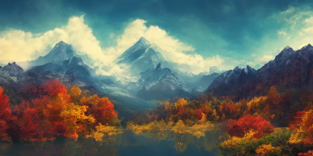 Prompt: peaceful clouds, mountain range, lake, autumn, colorful leaves, epic, matte painting, concept art, 4k