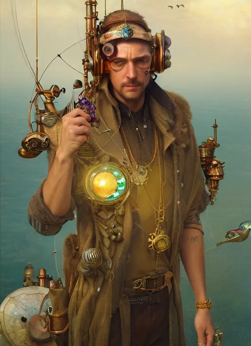 Prompt: hyper realistic fisherman, birds eye view, magical, gems, jewels, gold, steampunk, cyberpunk utopia, painted by tom bagshaw, mucha, gaston bussiere, craig mullins, j. c. leyendecker 8 k