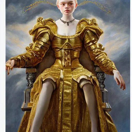 Image similar to Elle Fanning in a gold armor, religious masterpiece portrait, oil on canvas, occult night, in the world of Andrew Wyeth and Dark Souls, artstation, by J. C. Leyendecker and Peter Paul Rubens,