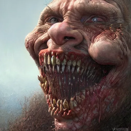 Image similar to vladimir putin, putin is bald caveman, vladimir putin awe face, toothless, saw teeth, reptile scary eyes, peeling skin, horror macabre face, clown nose, by donato giancola and greg rutkowski and wayne barlow and zdzisław beksinski, realistic face, digital art