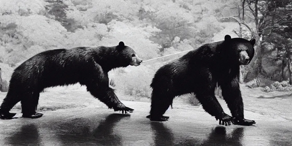 Image similar to scene from Shogun’s Shadow, 1989, movie still, cinematic, anthropomorphic, half man half asian black bear, black bear samurai, Moon Bear Samurai, epic, samurai