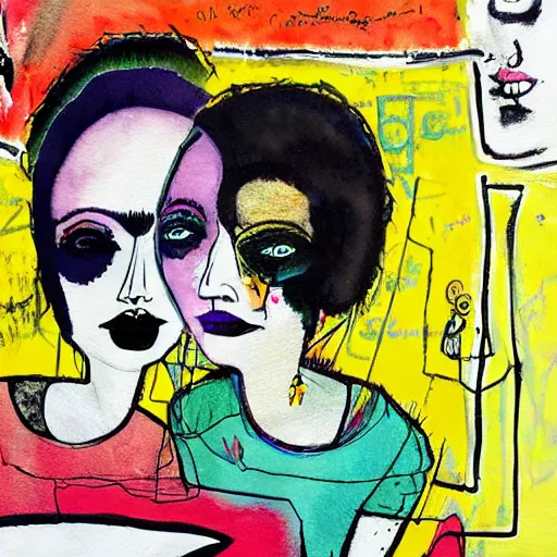 Image similar to watercolor painting of two bizarre psychedelic goth women kissing each other closeup in a cafe in spain, speculative evolution, mixed media collage by basquiat and jackson pollock, maximalist magazine collage art, sapphic art, lesbian art, chemically damaged