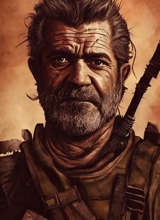 Image similar to A grimdark comic book style portrait painting of Mel Gibson as a post apocalyptic warrior survivalist in a atmospheric dark bombarded landscape with large dead trees, unreal 5, DAZ, hyperrealistic, octane render, RPG portrait, ambient light, dynamic lighting