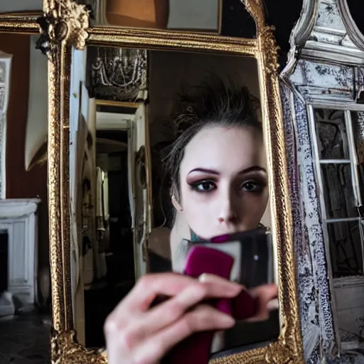 Prompt: photograph of vampire, selfie in house of mirrors