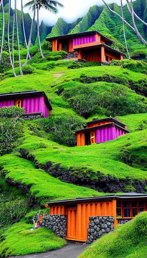 Prompt: hobbit monastery on hawaii, shipping containers emerging from hillside, prefab mini homes, by Ivan Bilibin, Lisa Frank