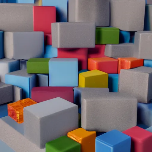 Image similar to an axonometric isometric photo of a stack of multi coloured individual resin blocks. the blocks are made of a satin resin. photorealistic, architectural model, octane render, path tracing