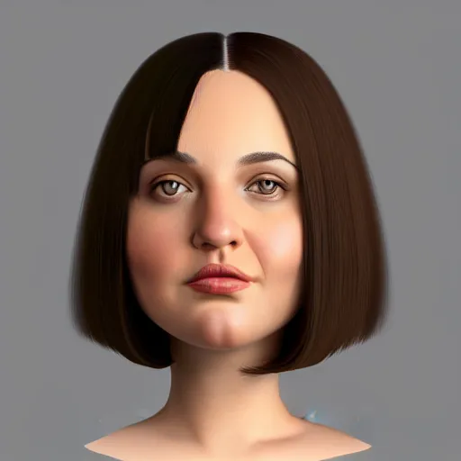 Image similar to chubby 30 year old brunette woman with straight hair in a short bob, round face, romanian heritage, brown eyes, olive skin, bulbous nose, big chin, wide face, no bangs, digital art, painterly, cartoon, cute, 8k, illustration, trending on artstation, medium shot, head and shoulders