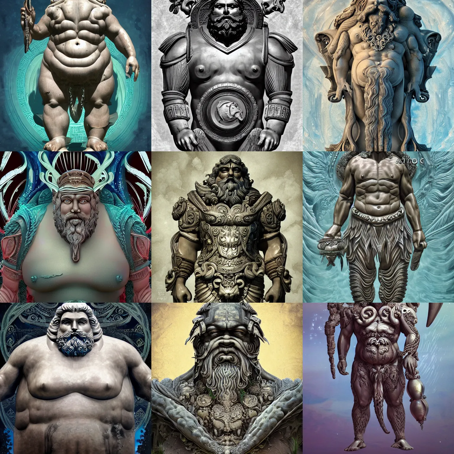 Prompt: fat greek god poseidon with white beard in ancient alien flora and fauna ocean sci-fi armor with ancient art-deco decor, giger style, stylized, highly detailed, trending on artstation, award winning