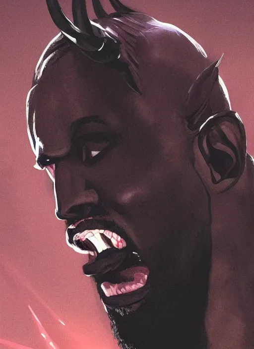 Image similar to a portrait of kanye west as a male tiefling warrior with!!! only two!!! large curved horns, intricate, tone mapped, ambient lighting, highly detailed, digital painting, artstation, concept art, 4 k, god rays, stunning beautiful, glowing eyes, sharp focus, by makoto shinkai and akihiko yoshida and hidari and wlop