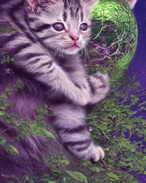 Image similar to an adorable cheshire kitten asleep in a tree | highly detailed | very intricate | symmetrical | whimsical and magical | soft cinematic lighting | award - winning | closeup portrait | wonderland | painted by donato giancola and paul lehr and ross tran | pastel color palette | featured on artstation