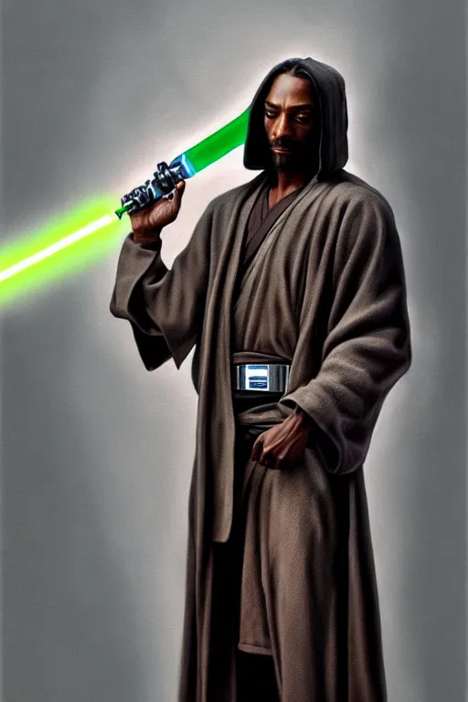 Image similar to breathtaking detailed concept art painting of a jedi snoop dogg holding a lightsaber, by hsiao - ron cheng, exquisite detail, extremely moody lighting, 8 k