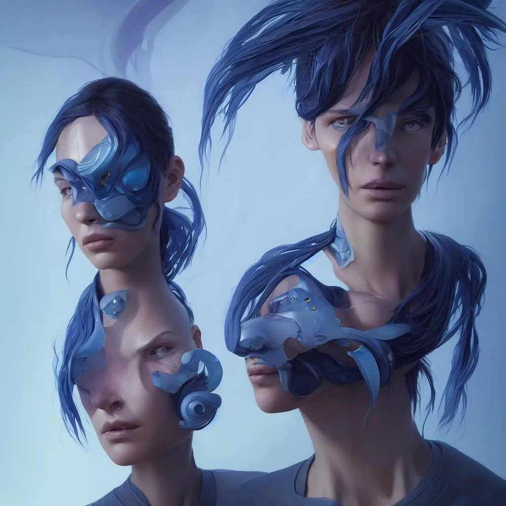 Image similar to 2 0 7 7 prototype face avatar portrait with ribbed face by rutkowsky and charles vess and james jean and erik jones and rhads, inspired by ghost in the shell, 3 d octane render, beautiful fine face features, intricate high details, sharp, ultradetailed, artistic photography