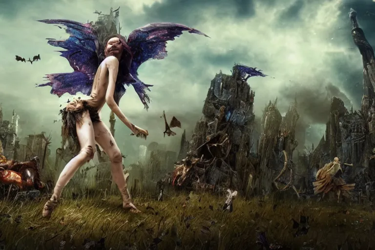 Prompt: A Lone beautiful fairy girl, with tattered wings and torn clothes ,fights off a hoard of undead monsters and zombies with an uzi, standing on a pile of bones, hyper realistic, octane render, cinematic, golden ratio, curved lines, the dark tower, dramatic lighting shadows, detailed illustration, 8k, intricate details, oil painting, 3d scene, render, ultra realistic, zenith view, Greg Rutkowski, artstation, cgsociety, level design, unreal engine, 3d scene, render, ultra realistic, zenith view, Enki Bilal style