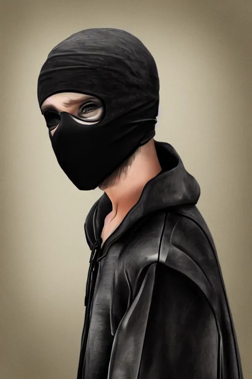 Prompt: hyper realistic digital art portrait of a young rogue thief wearing a black mask.