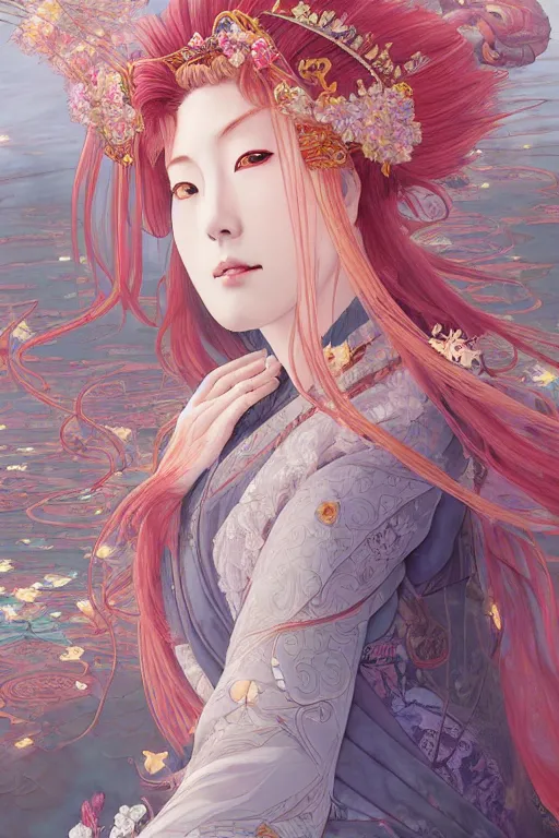 Image similar to breathtaking detailed soft painting of a samurai queen with long flowing red hair, anime style, pastel flower petals flying, at dawn in front of a pristine art nouveau cathedral, elegant, volumetric lighting, highly detailed, artstation, concept art, matte, sharp focus, art by pilyeon, matcha art and Alfons Mucha