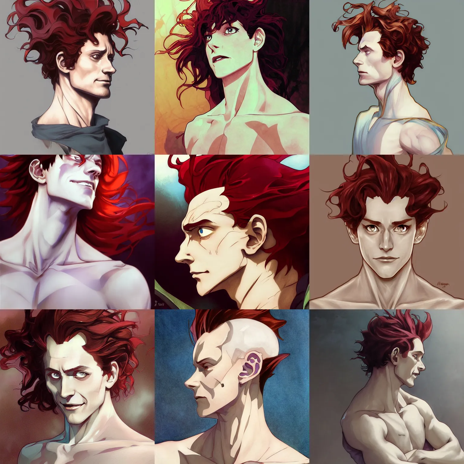 Image similar to hisoka, young tom hiddleston, cel - shaded animesque art by artgerm and greg rutkowski and alphonse mucha, smooth white skin, smirking face, reddish hair, d & d, fantasy, portrait, highly detailed, side profile, digital painting, trending on artstation, concept art, sharp focus, illustration