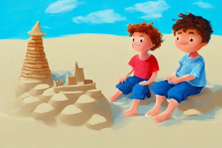 Prompt: Two children sitting on the beach making sandcastles, blue sky, artstation, children's book, HD, by Benji Davies