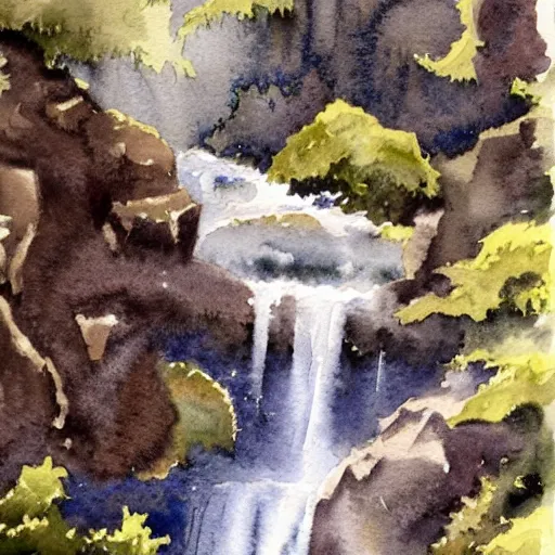 Prompt: a tranquil waterfall, highly detailed watercolor