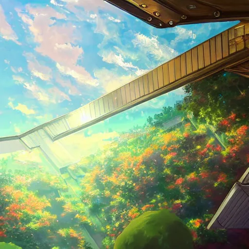 Prompt: a heavenly dream view from the interior of my cozy giant futuristic greenhouse tower dream world filled with color from a Makoto Shinkai oil on canvas inspired pixiv dreamy scenery art majestic fantasy scenery fantasy pixiv scenery art inspired by magical fantasy exterior illumination of awe and wonder